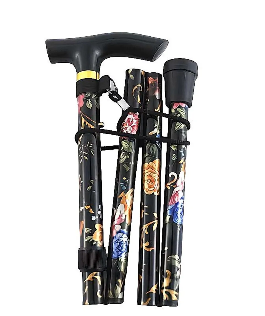 Folding Walking Stick, Black Floral - Image 1