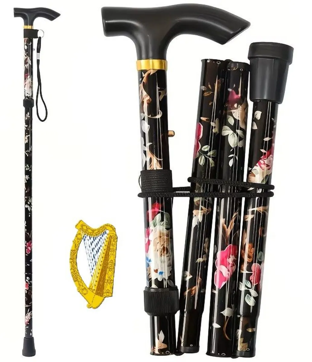 Folding Walking Stick, Black Floral - Image 3