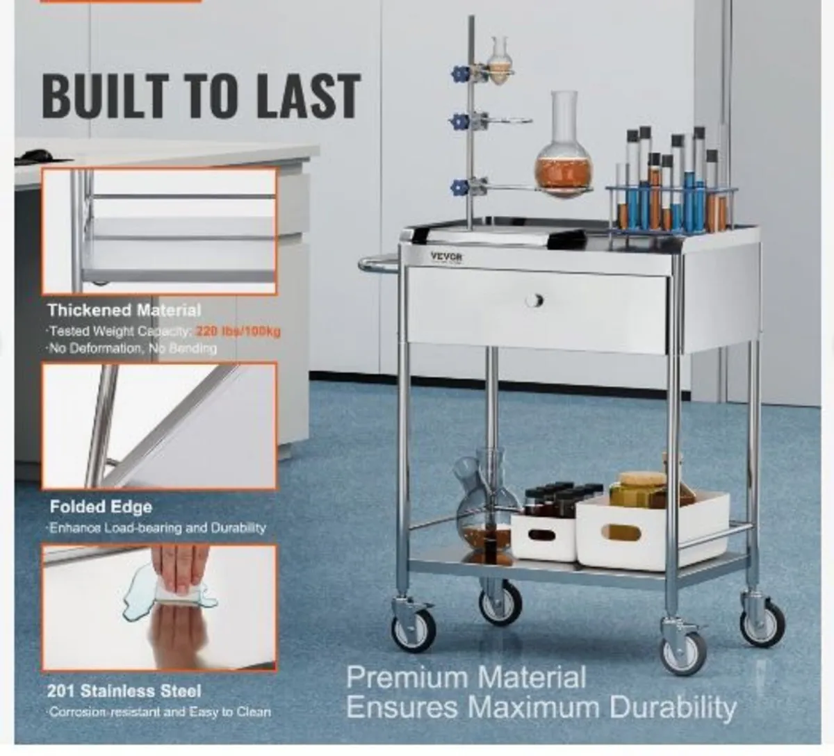 Medical Cart, 2 Layers Stainless Steel Cart - Image 4