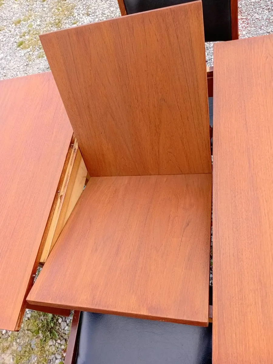 crannac mid century teak dining set black leather - Image 4