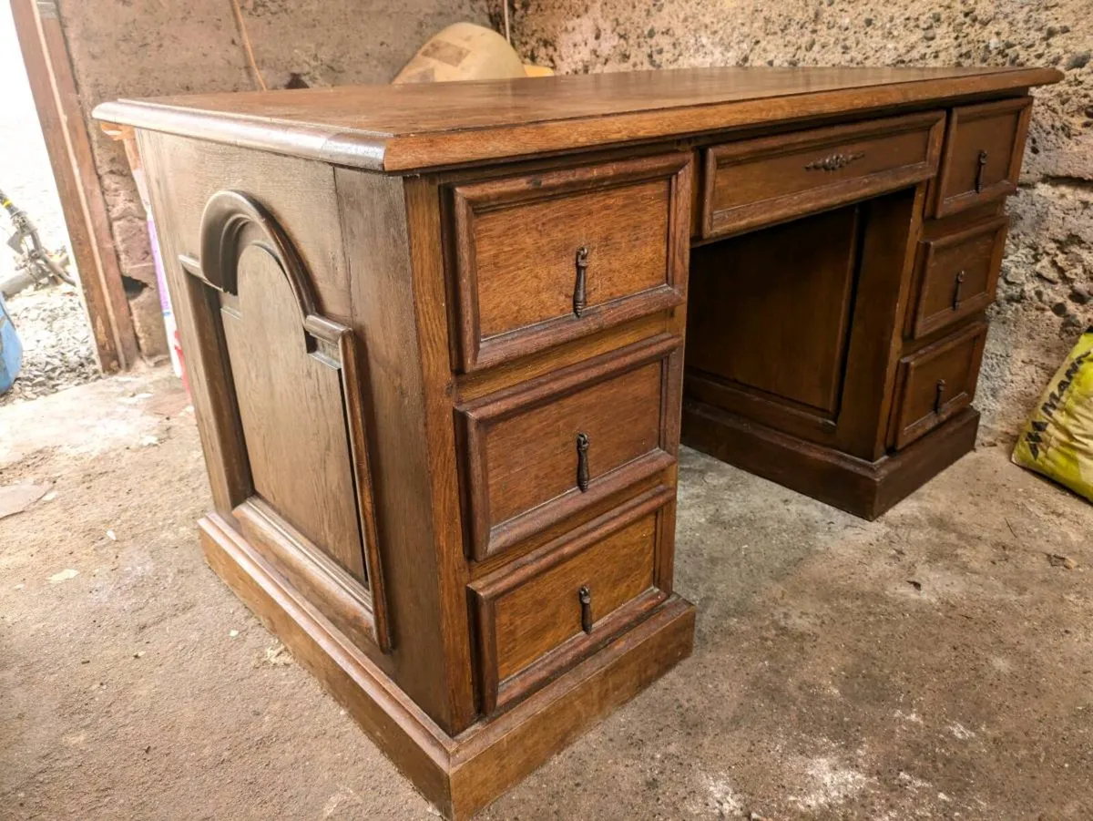 Solid Oak French Antique Pedestal Desk - Image 2