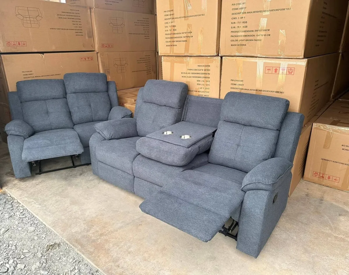 Boston Grey Fabric Manual Recliner Sofa Set - Image 1