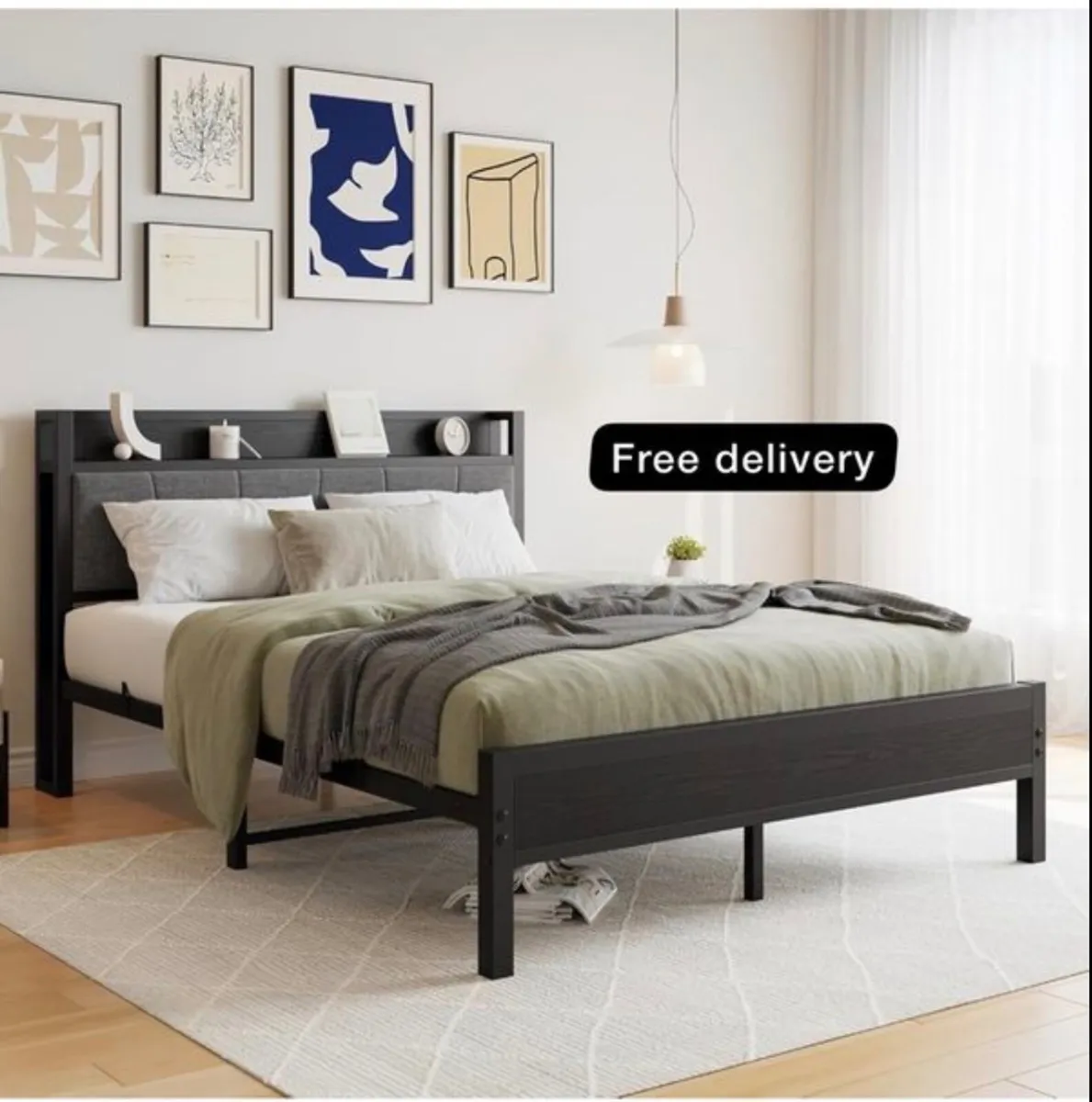 King Size Bed Frame with Storage Wooden Headboard - Image 1