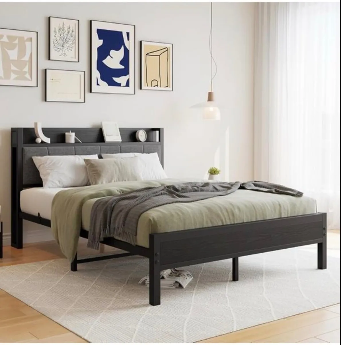 King Size Bed Frame with Storage Wooden Headboard - Image 3
