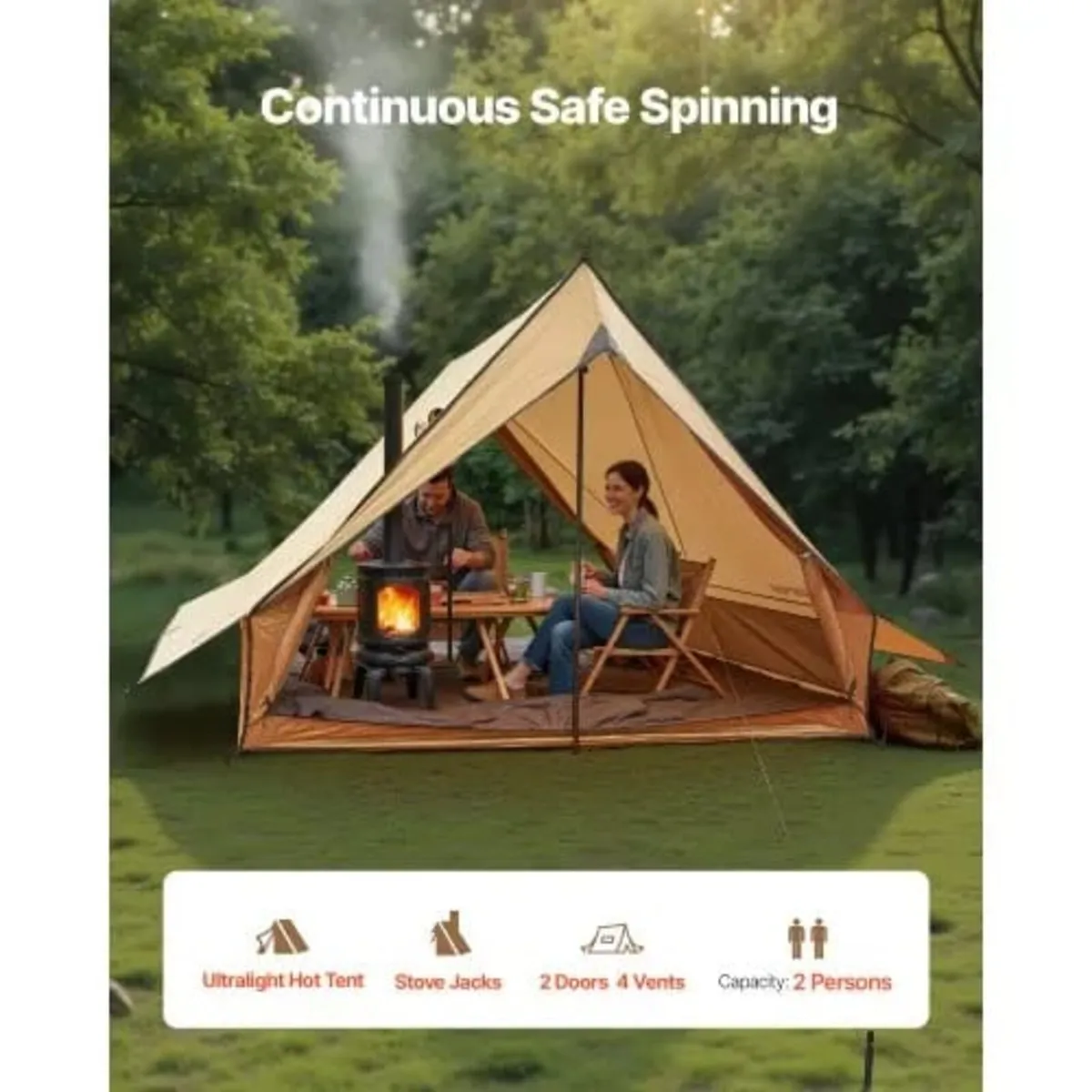 Camping Hot Tent, 2 Persons Cabin Tent with Stove - Image 4