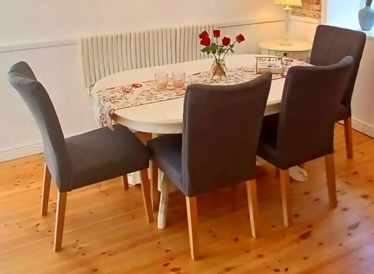 4 Dining Chairs grey fabric, like new - Image 1