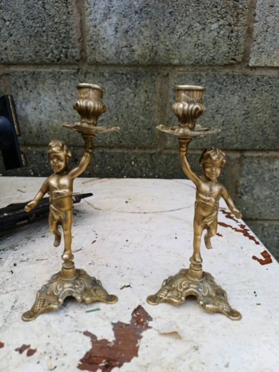 1950/60s Brass Cherub Candlesticks - Image 4