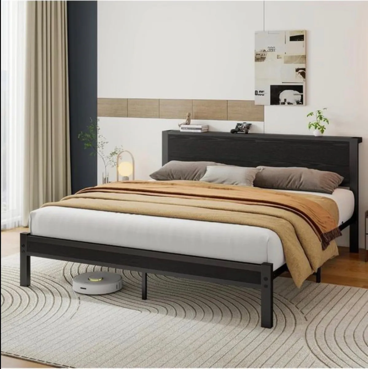 King Size Bed Frame with Wooden Storage Headboard - Image 1