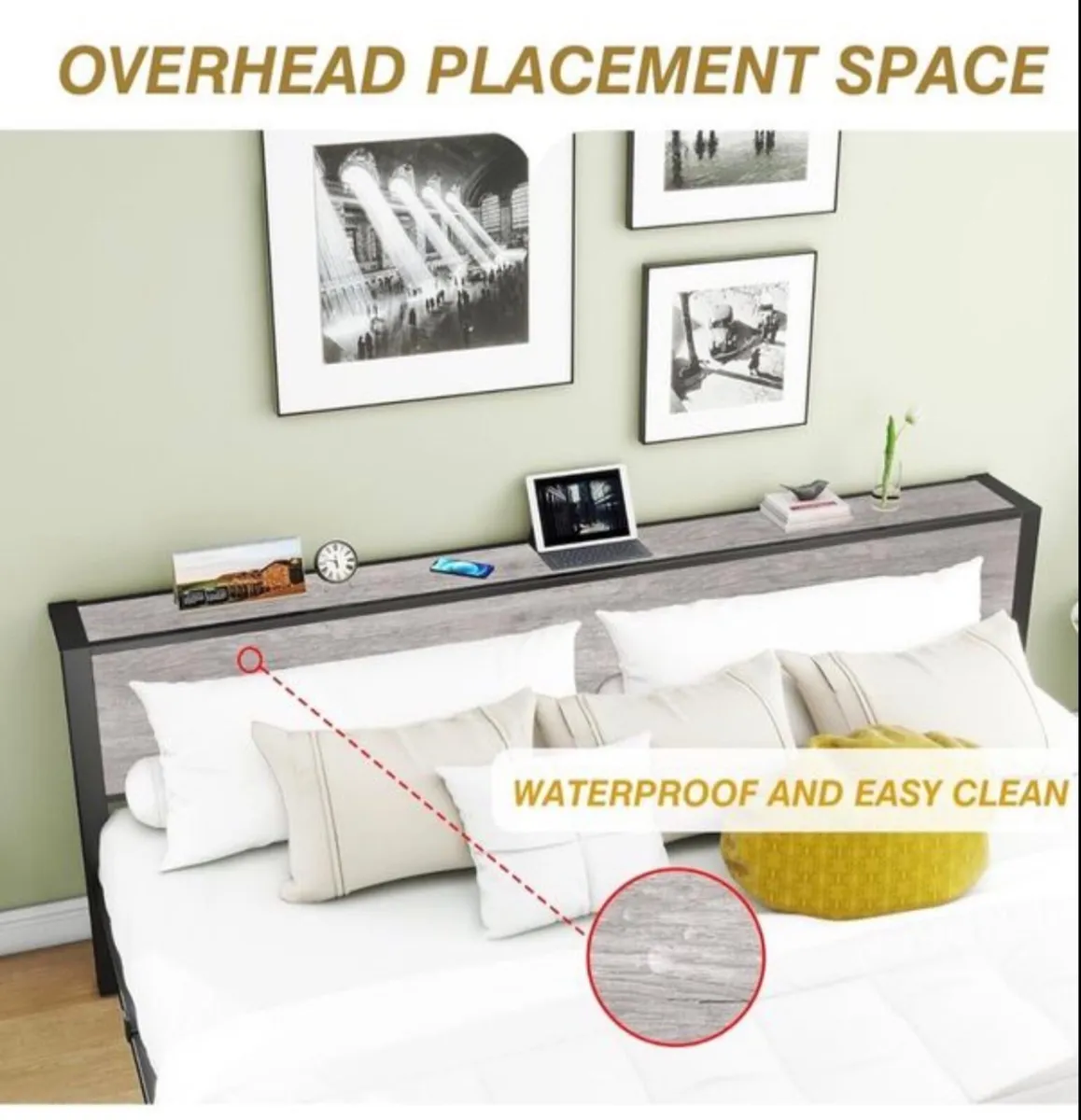 King Size Bed Frame with Storage Wooden Headboard - Image 2