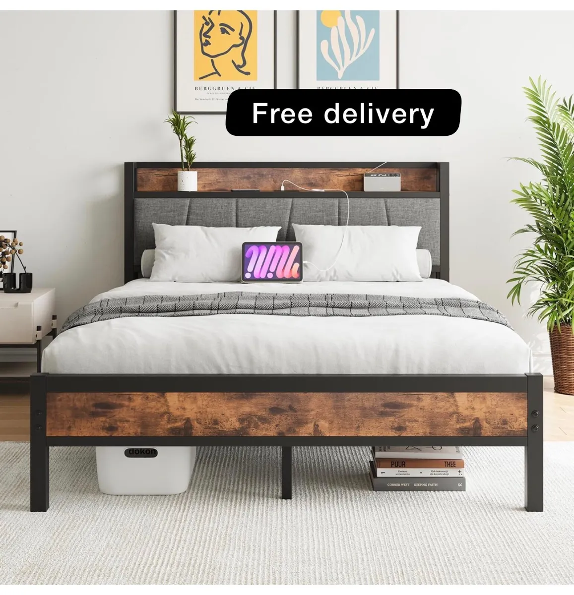 King Size Bed Base with Charging Station - Image 1