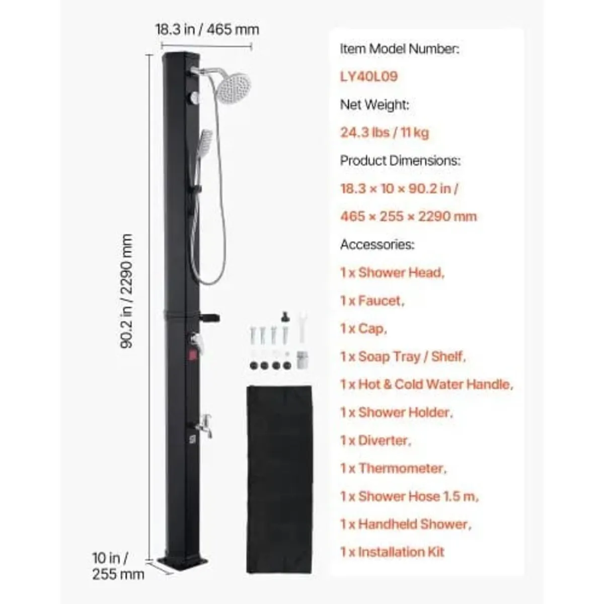 40L Solar Heated Shower, 205cm Showerhead Height O - Image 4