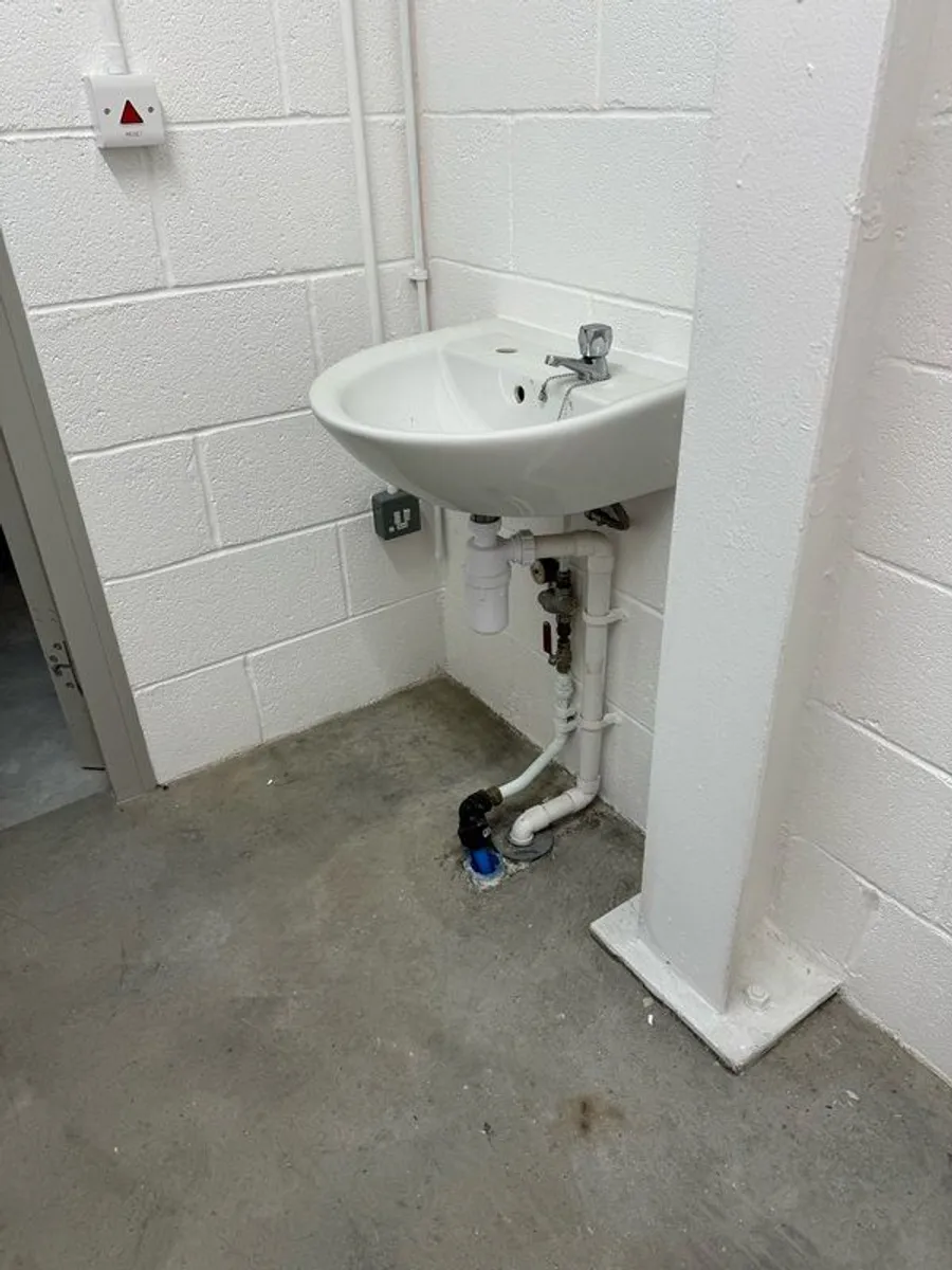 Toilet with handrails, two sinks, unused. - Image 2