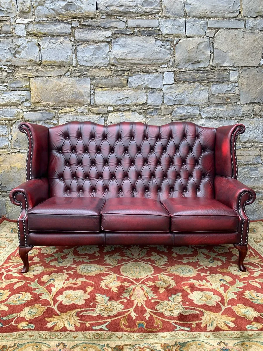 Oxblood leather 3 seater Chesterfield sofa. - Image 1