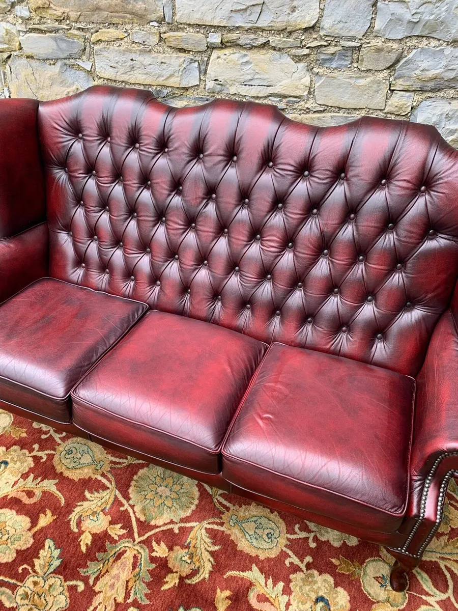Oxblood leather 3 seater Chesterfield sofa. - Image 2