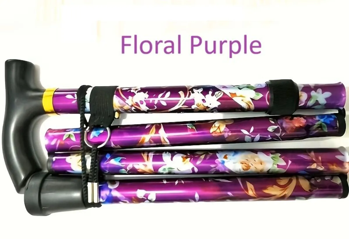 Folding Walking Stick, Purple Floral - Image 2