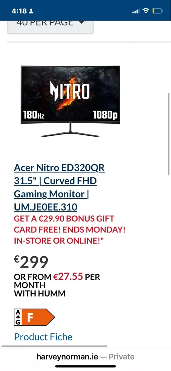 31.5” Acer curved gaming monitor 165hz