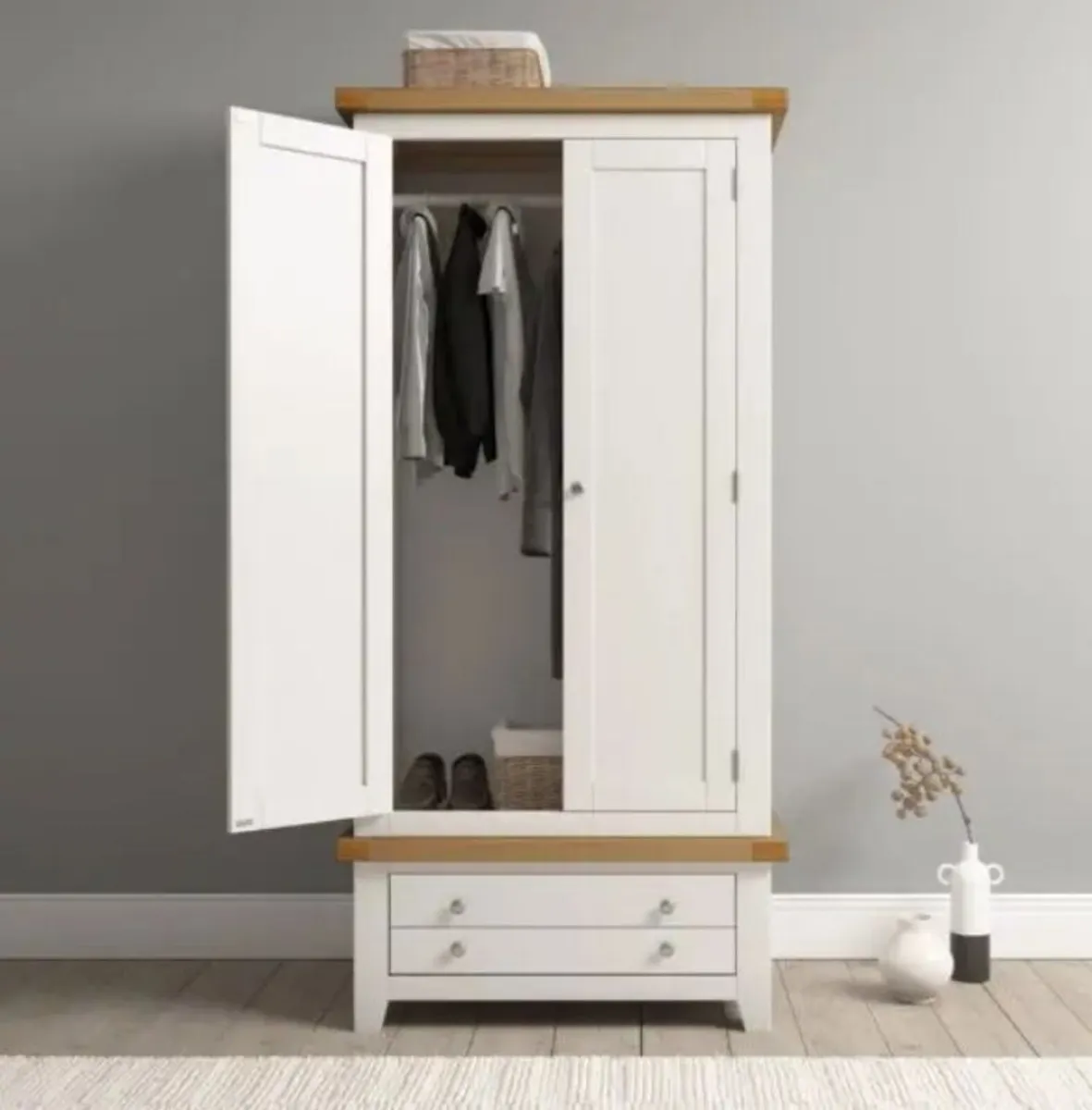 Windsor 2 Door 1 Drawer Wardrobe Ivory & Oak - Image 2