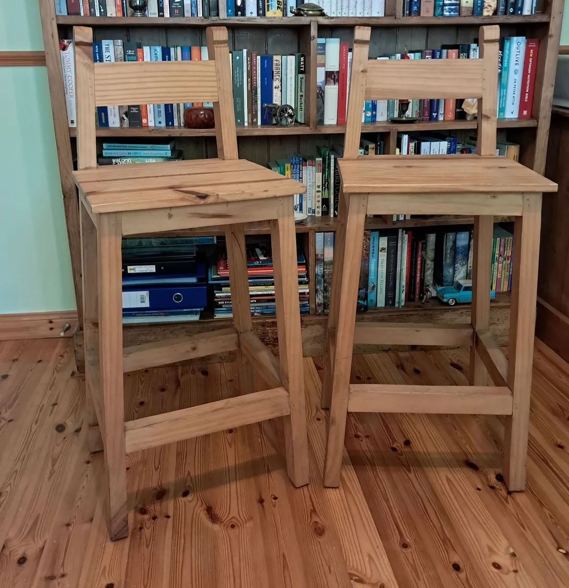 2 Rustic Pine Square Seat High Stools - Image 1