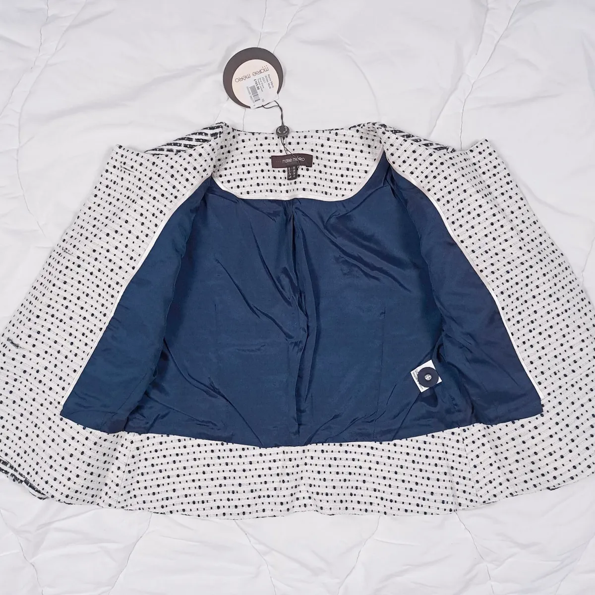 Marie Mero White Navy Textured Cropped Jacket 10UK - Image 2