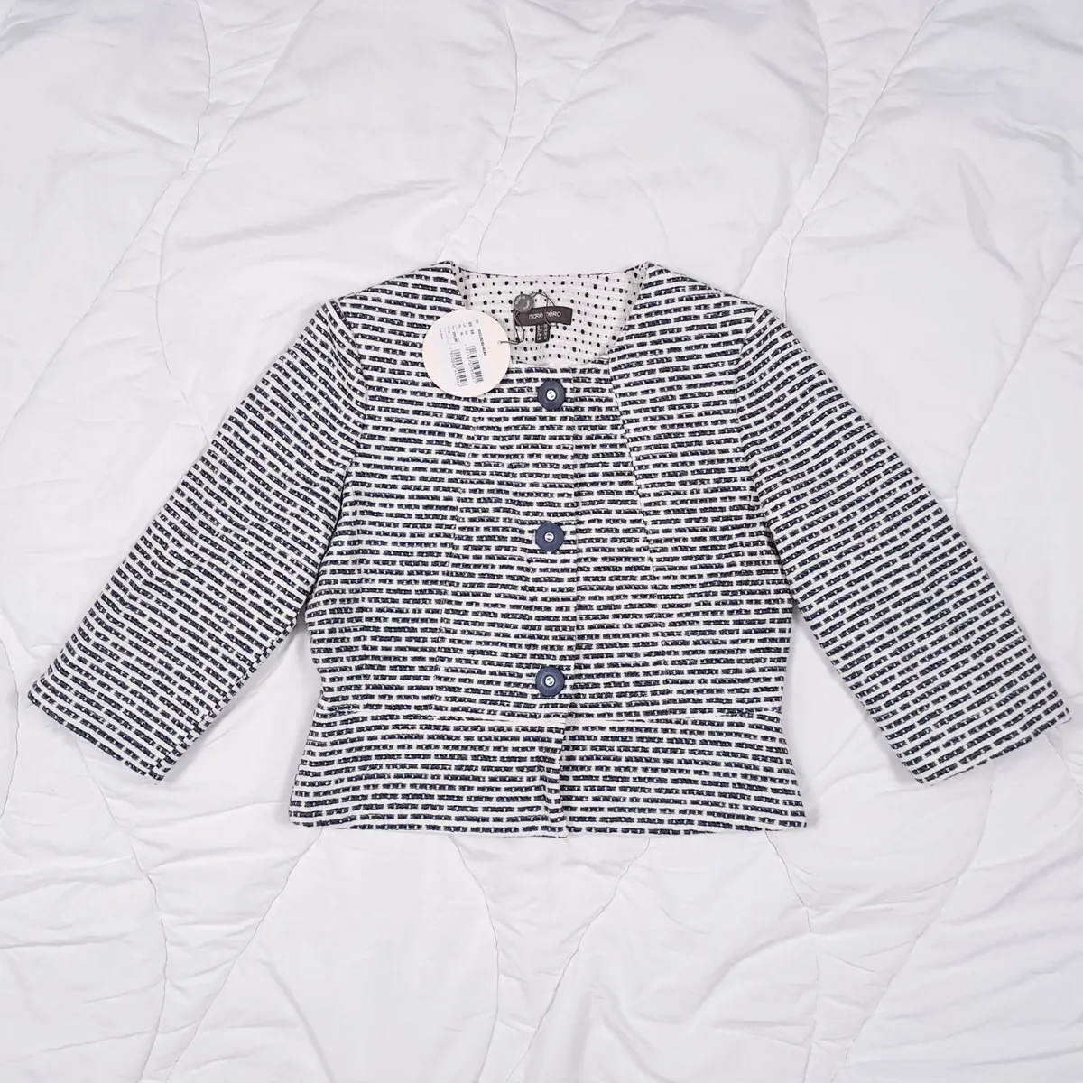 Marie Mero White Navy Textured Cropped Jacket 10UK - Image 1