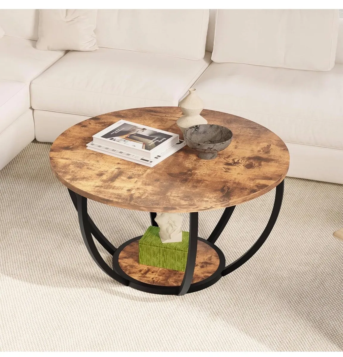 28" Round Coffee Table with Storage,2-Tier Wood Ac - Image 2