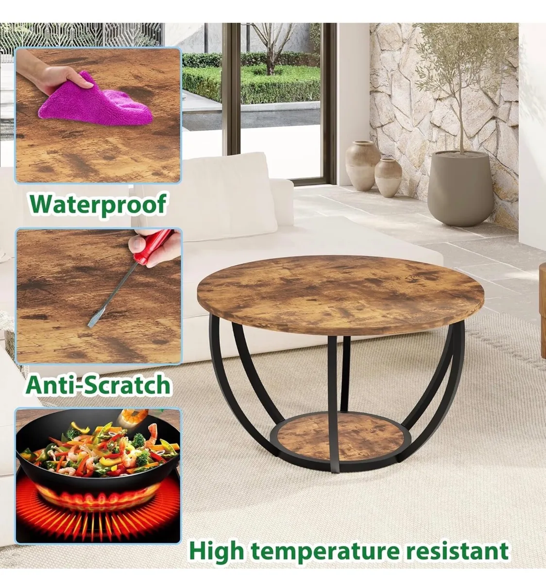 28" Round Coffee Table with Storage,2-Tier Wood Ac - Image 3