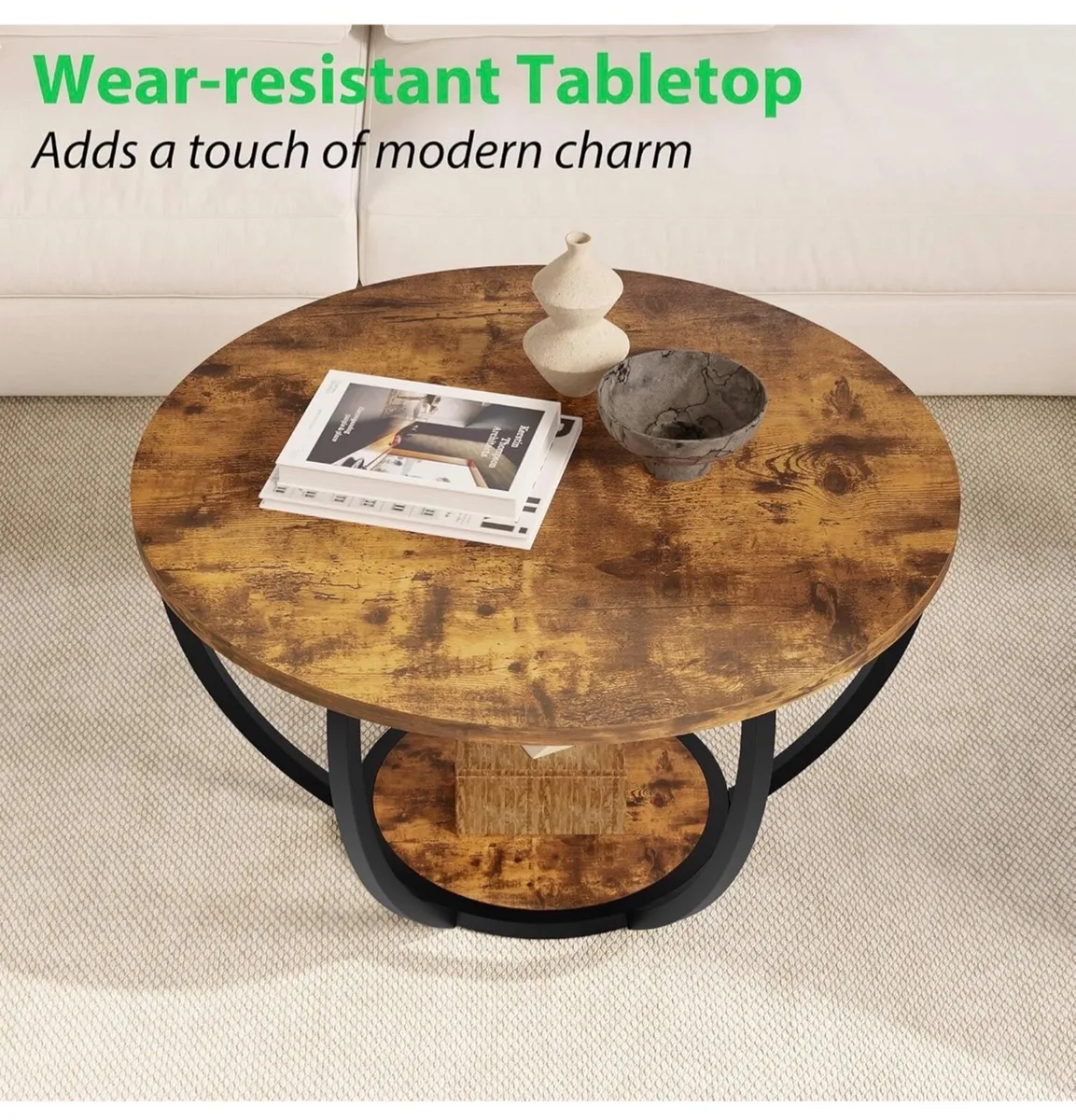 28" Round Coffee Table with Storage,2-Tier Wood Ac - Image 4