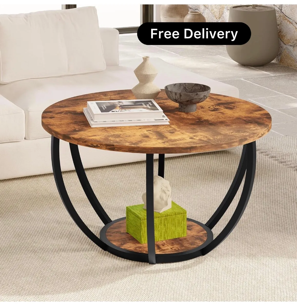 28" Round Coffee Table with Storage,2-Tier Wood Ac - Image 1