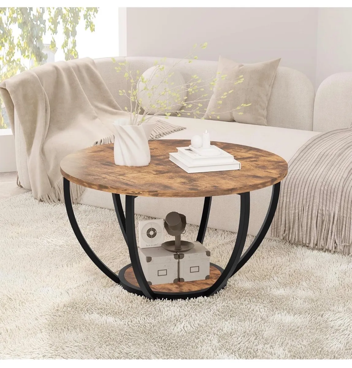 28" Round Coffee Table with Storage,2-Tier Wood Ac - Image 3