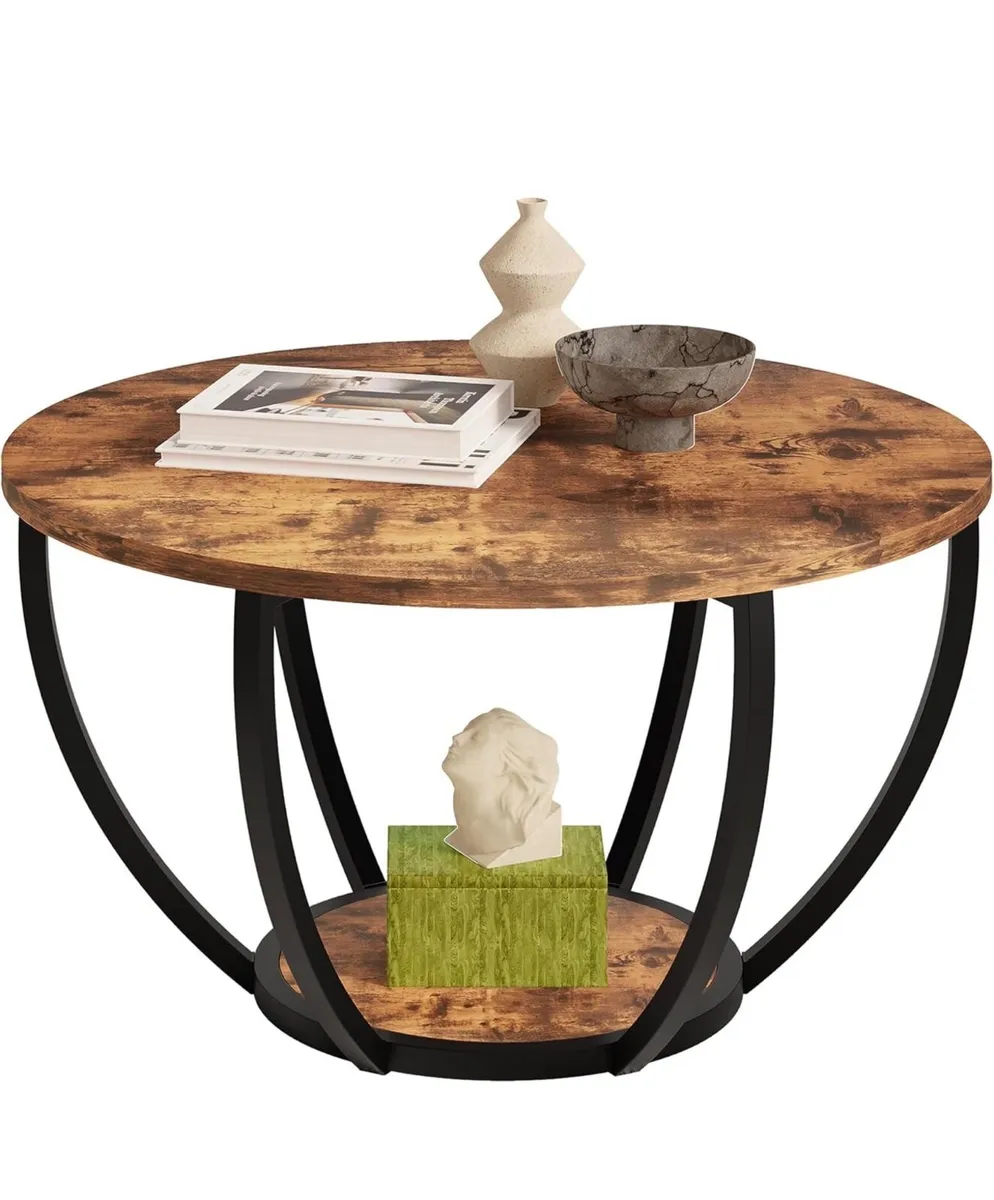 28" Round Coffee Table with Storage,2-Tier Wood Ac - Image 4
