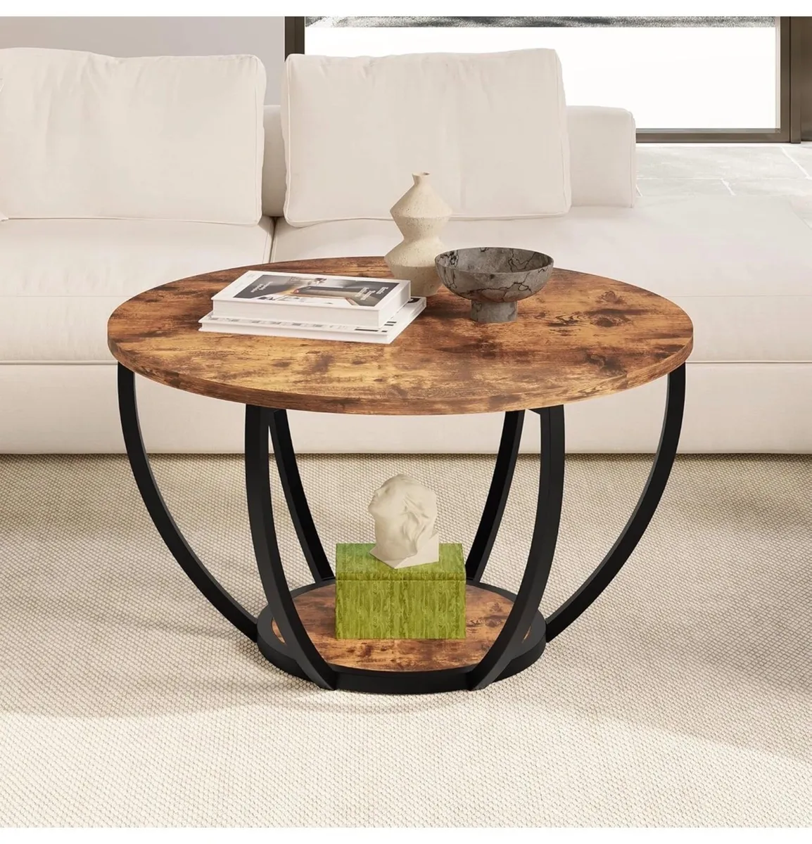 28" Round Coffee Table with Storage,2-Tier Wood Ac - Image 1