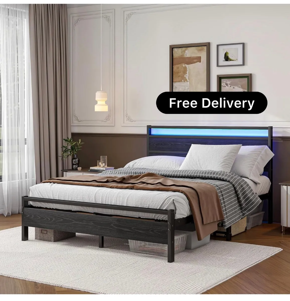 King Size Bed Frame with Headboard & LED Lights,Me - Image 1