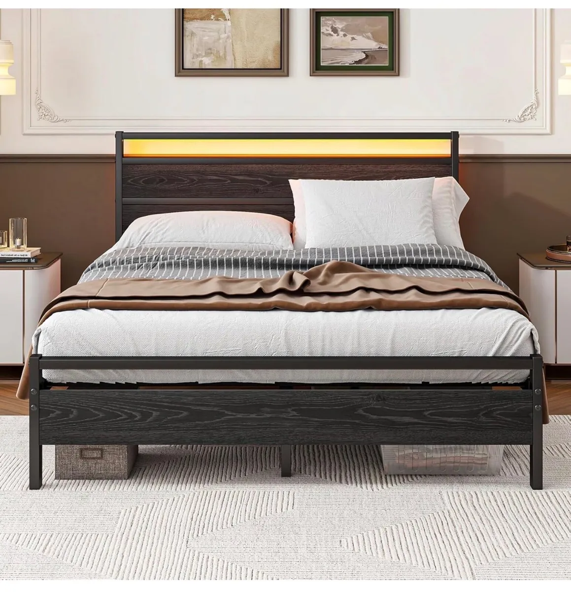 King Size Bed Frame with Headboard & LED Lights,Me - Image 1
