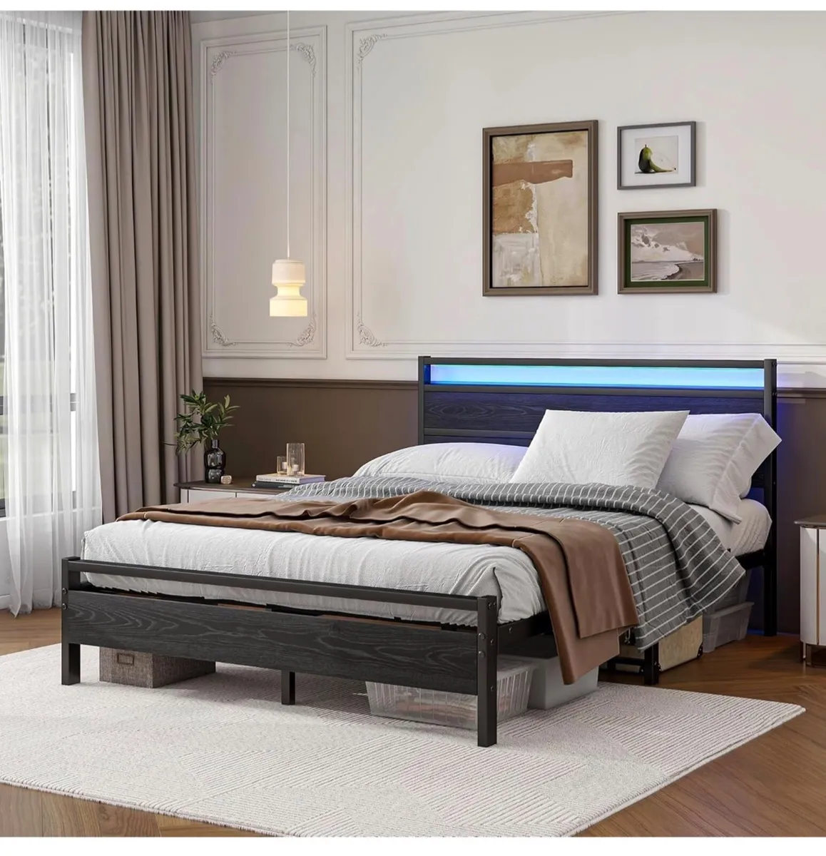 King Size Bed Frame with Headboard & LED Lights,Me - Image 3
