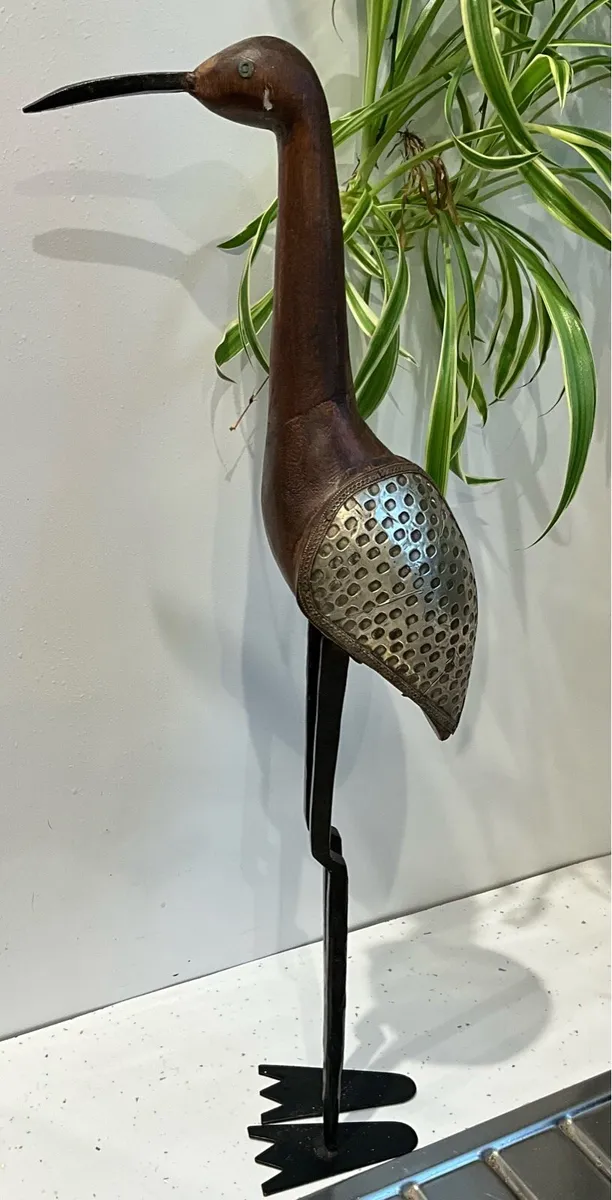Carved Wooden Bird Figurine. Brass & Wood - Image 3