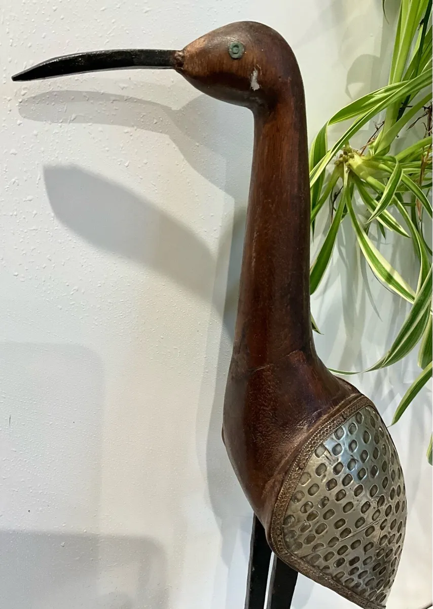 Carved Wooden Bird Figurine. Brass & Wood - Image 4