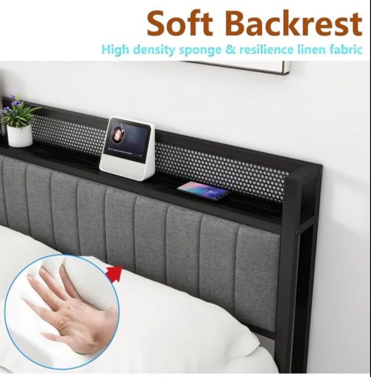 King Size Bed Frame with Storage and Headboard She - Image 4