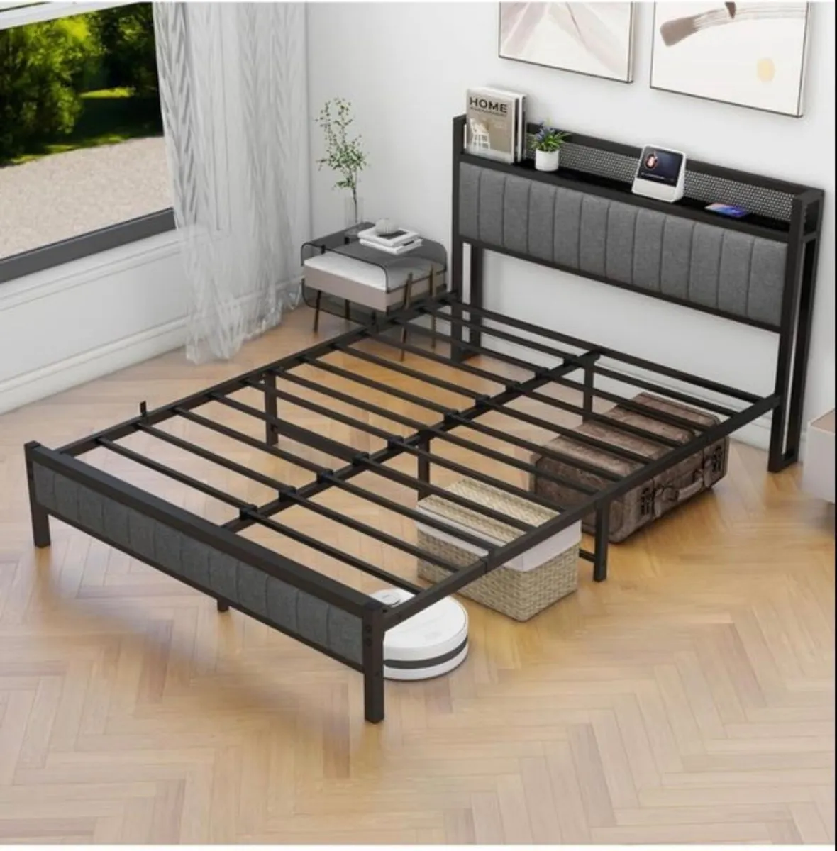 King Size Bed Frame with Storage and Headboard She - Image 3