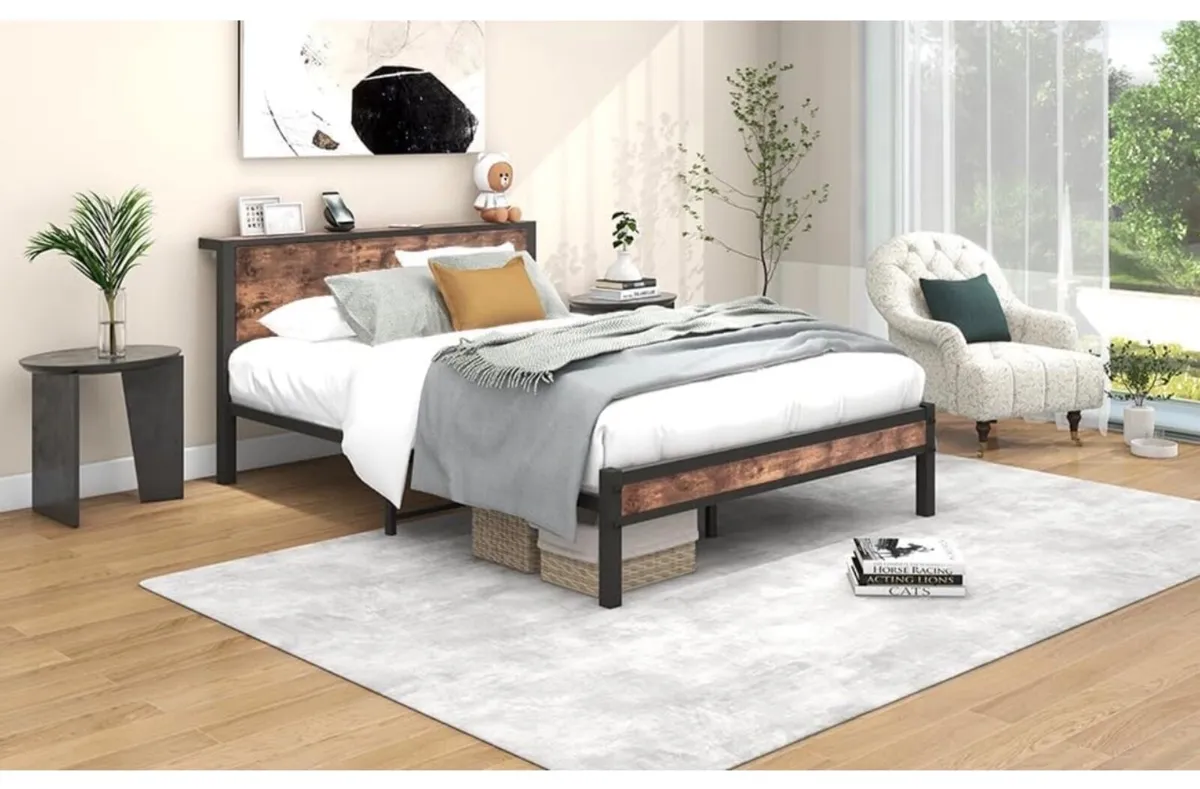 King Size Bed Frame with Wooden Storage Headboard - Image 2