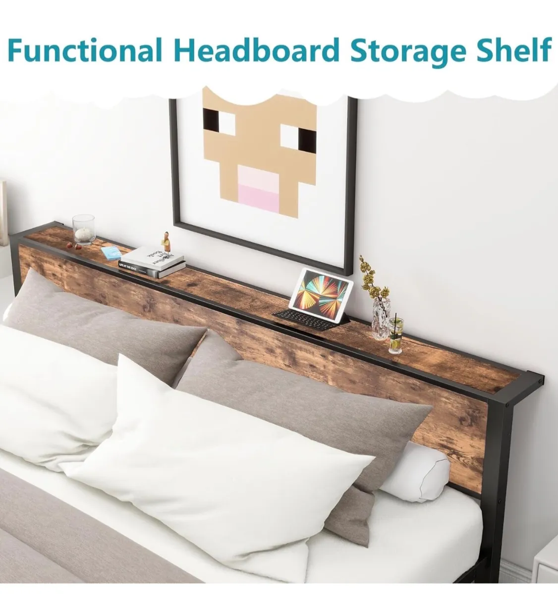 King Size Bed Frame with Wooden Storage Headboard - Image 3
