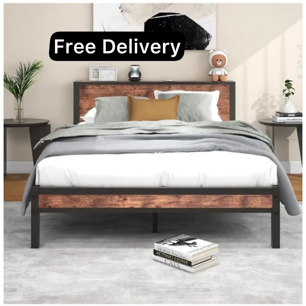 King Size Bed Frame with Wooden Storage Headboard - Image 1