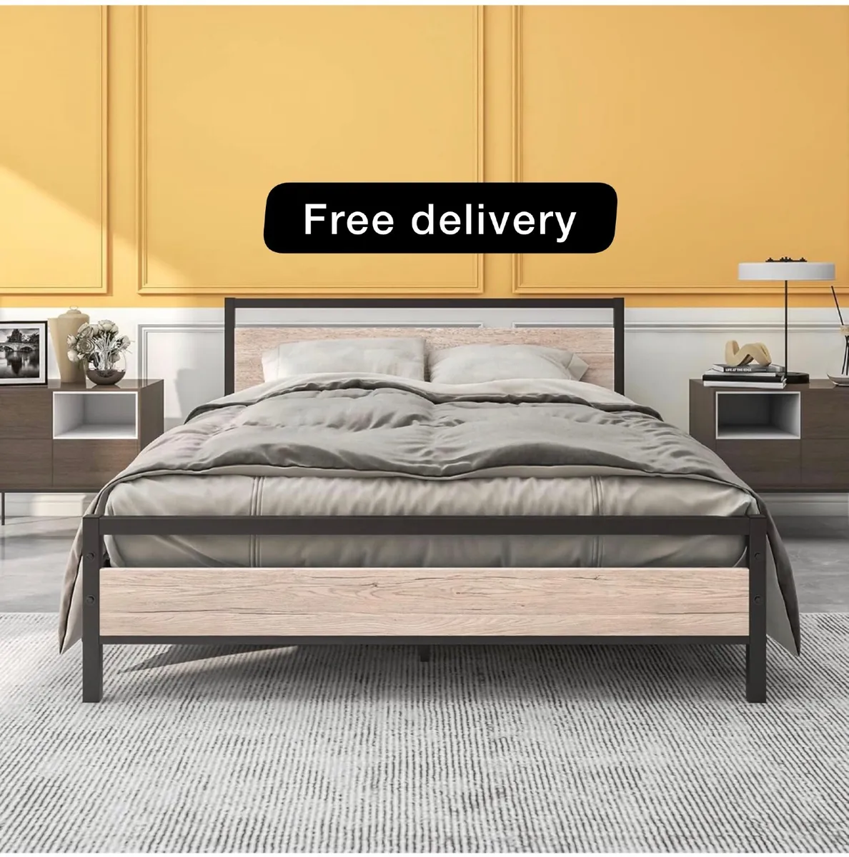 King Size Bed Frame with Wood Headboard,Heavy Duty - Image 1