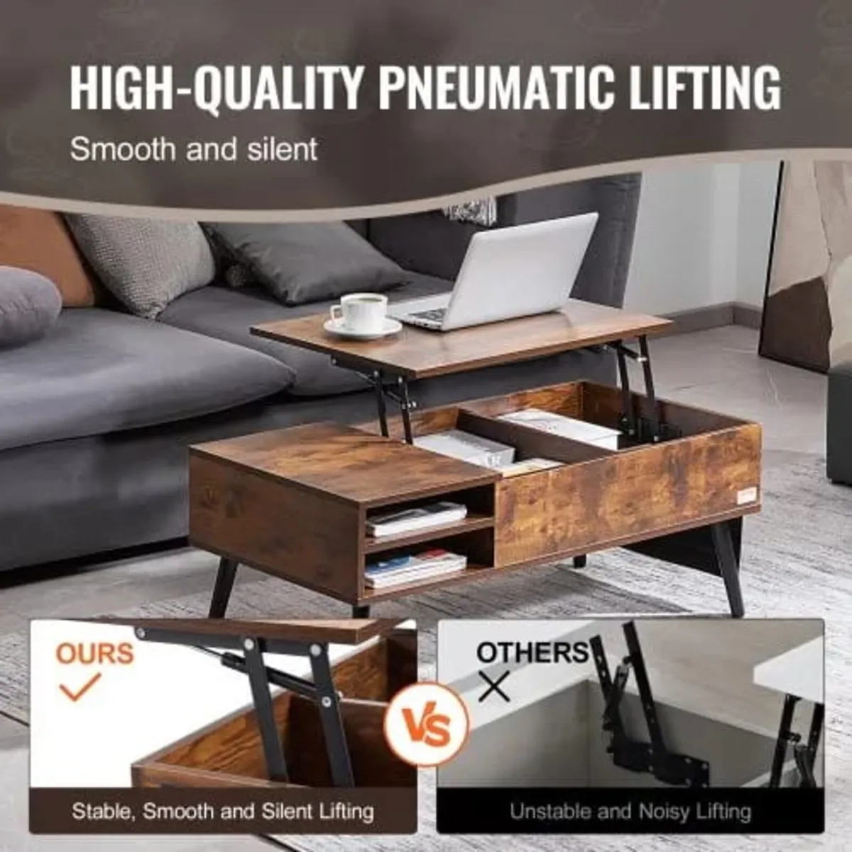 Lift Top Coffee Table, 39.4 in Rectangle Coffee Ta - Image 4
