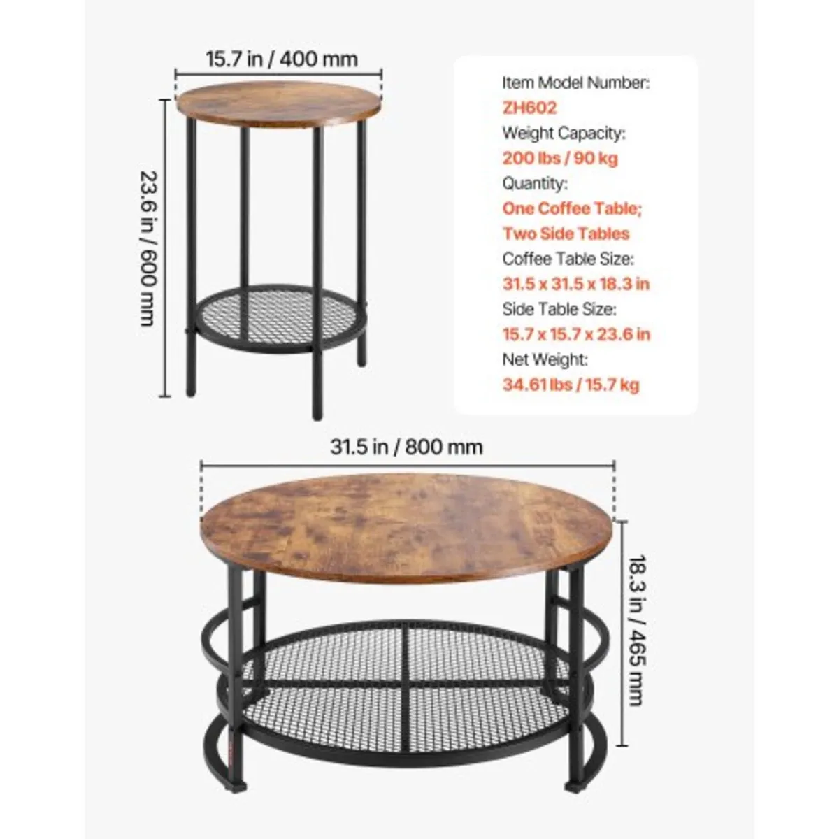 3 Pieces Round Coffee Table Sets, 80 cm Industrial - Image 2