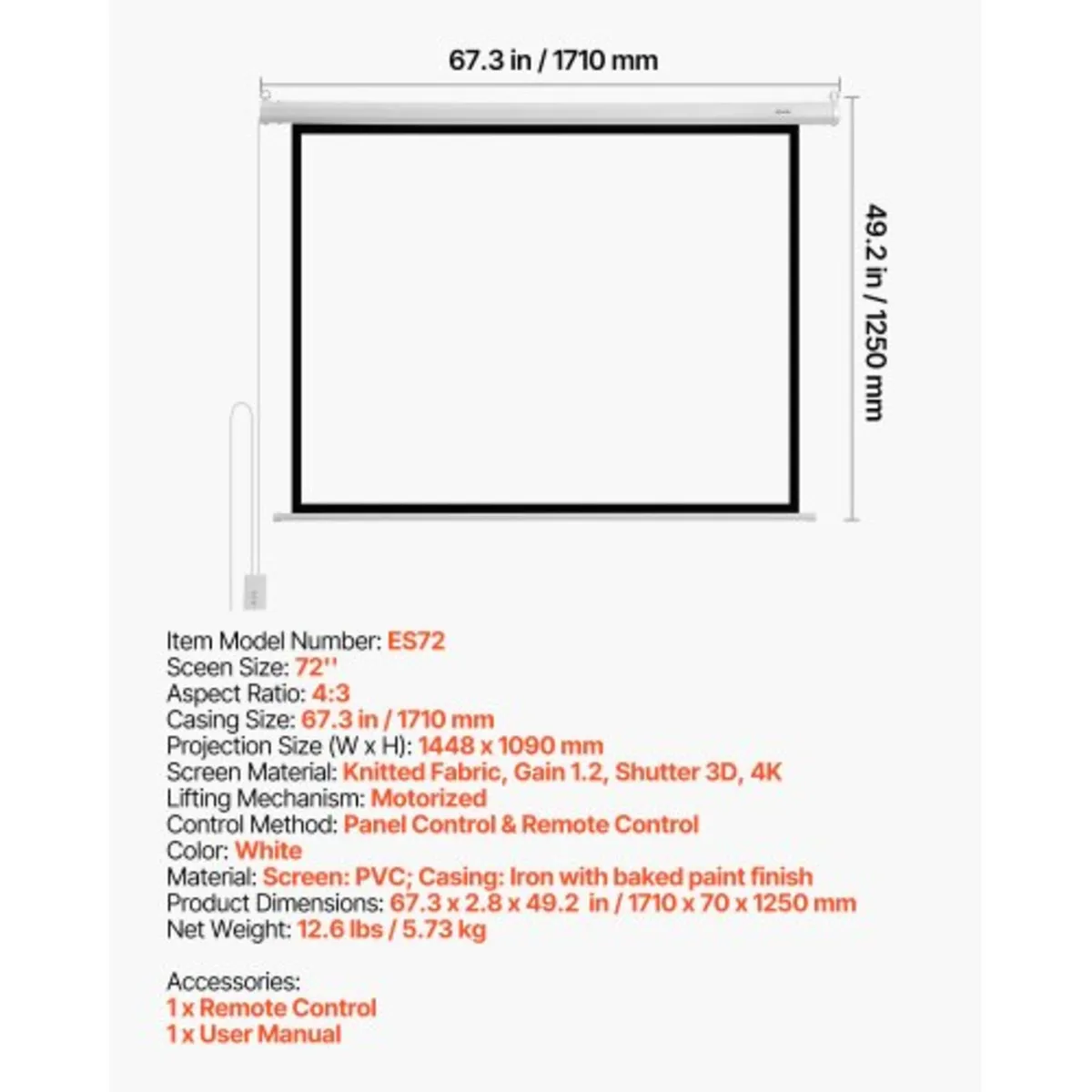 Motorized Projector Screen, 1829 mm 4:3 1080 HD El - Image 2