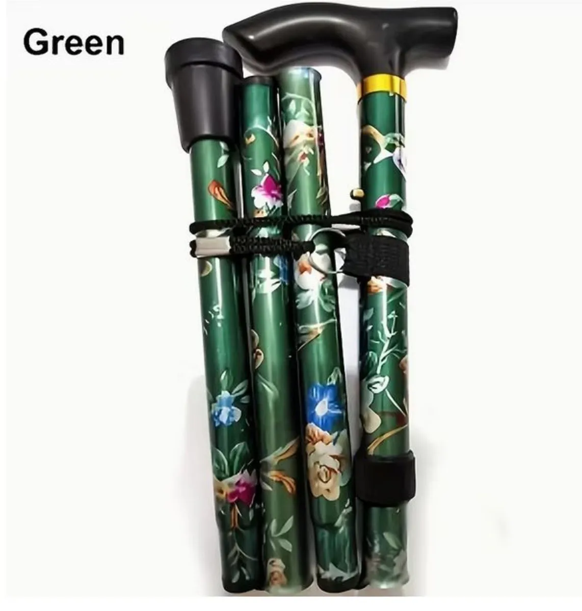 Folding Walking Stick, Floral Green - Image 1