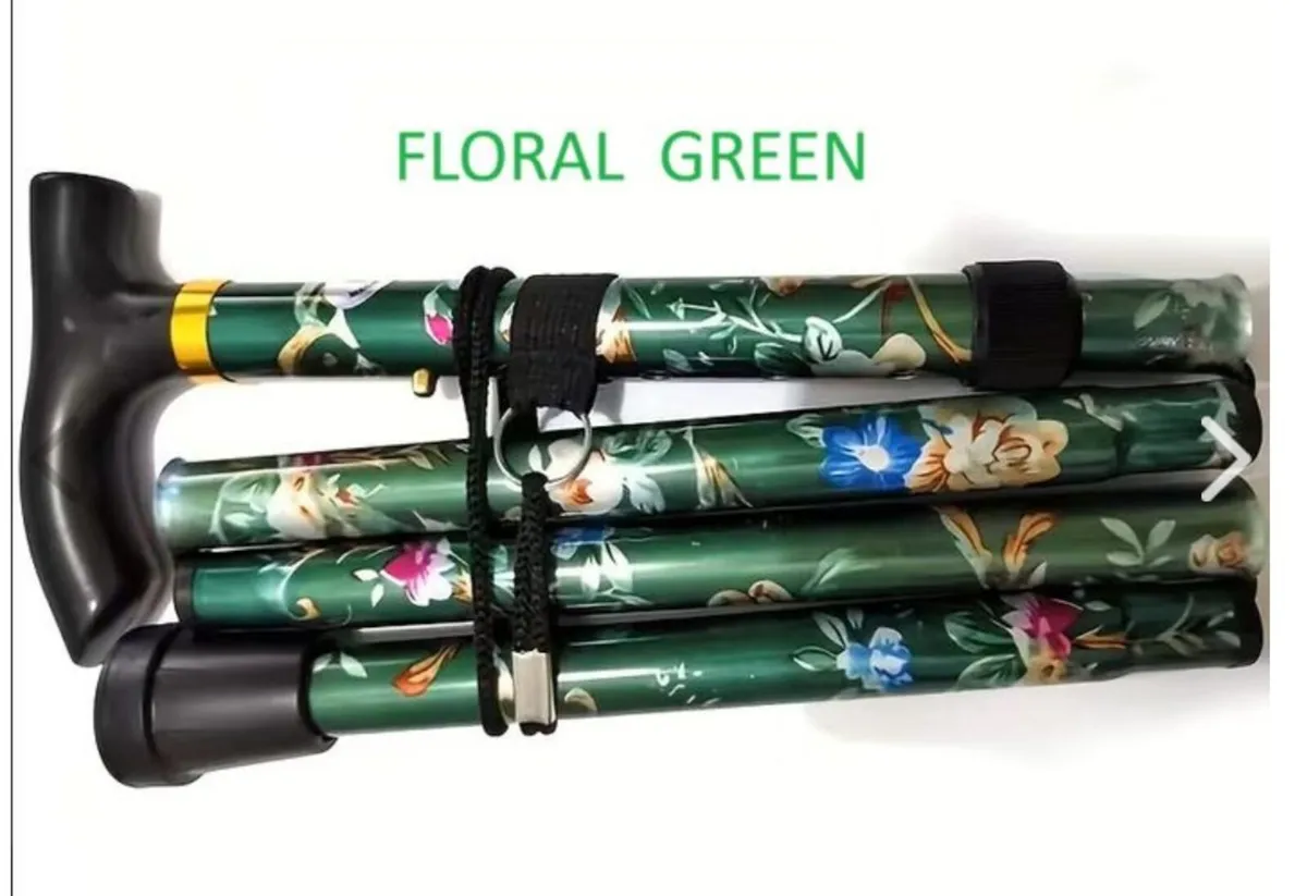 Folding Walking Stick, Floral Green - Image 2