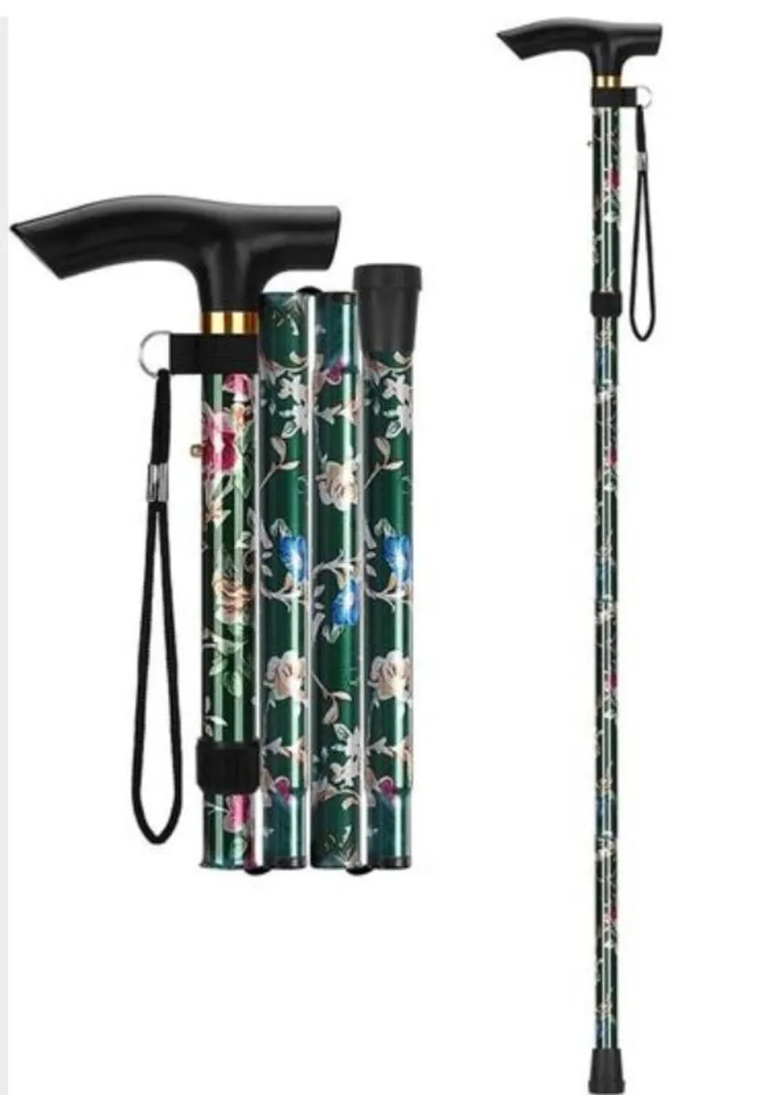 Folding Walking Stick, Floral Green - Image 3