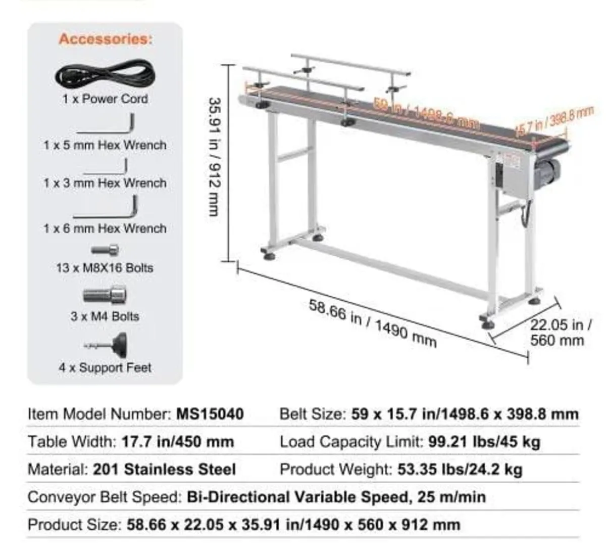 Belt Conveyor, 59 x 15.7 inch Conveyor Table, Heav - Image 4