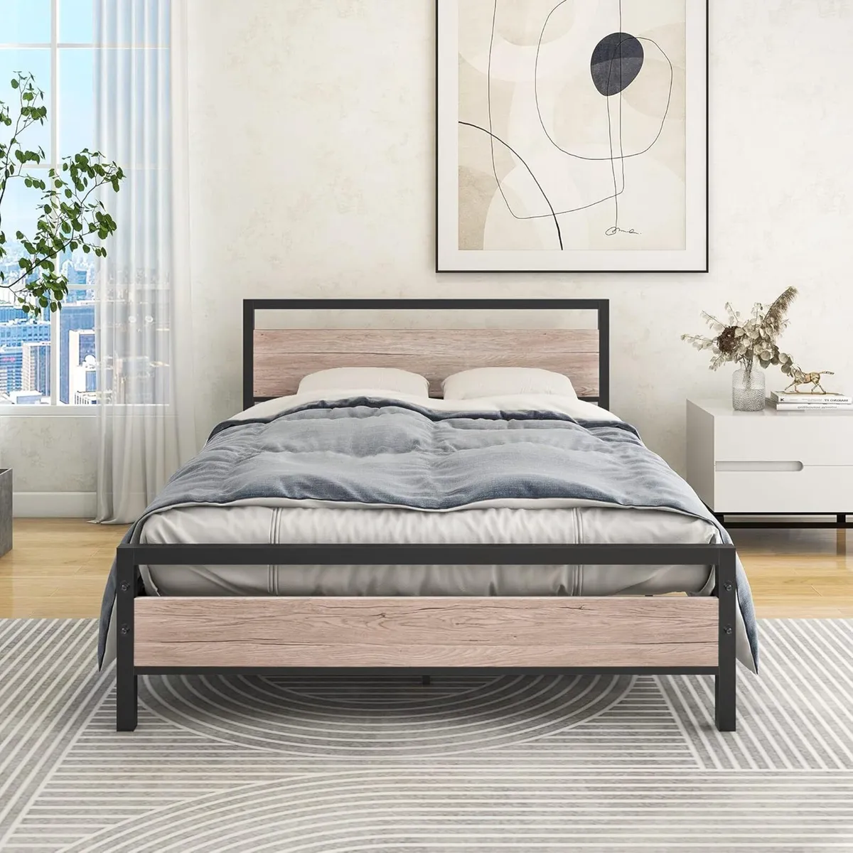 4ft6 Double Bed Frame with Wooden Headboard Heavy - Image 1